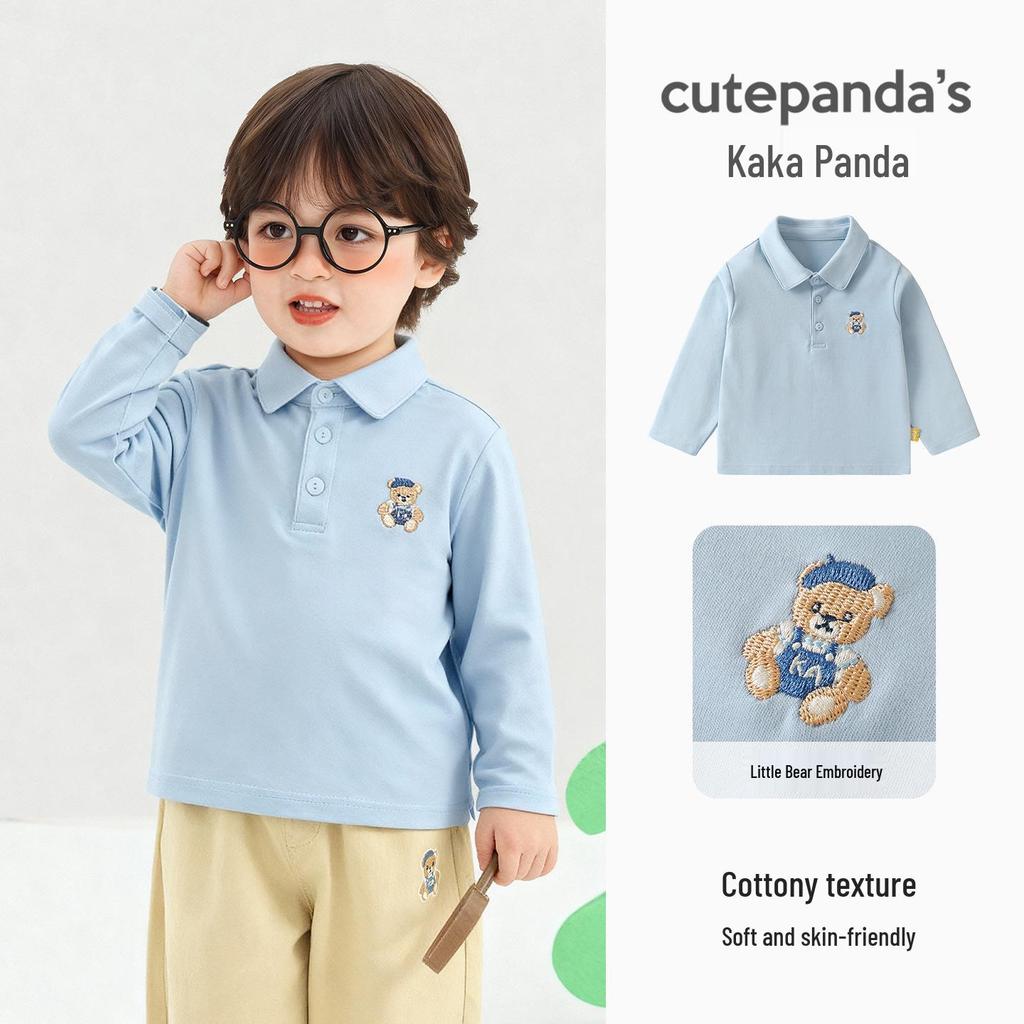 Kaka Panda Kids' Long Sleeve Polo Neck T-Shirt - Boys’/Girls’ Spring/Autumn Base Layer