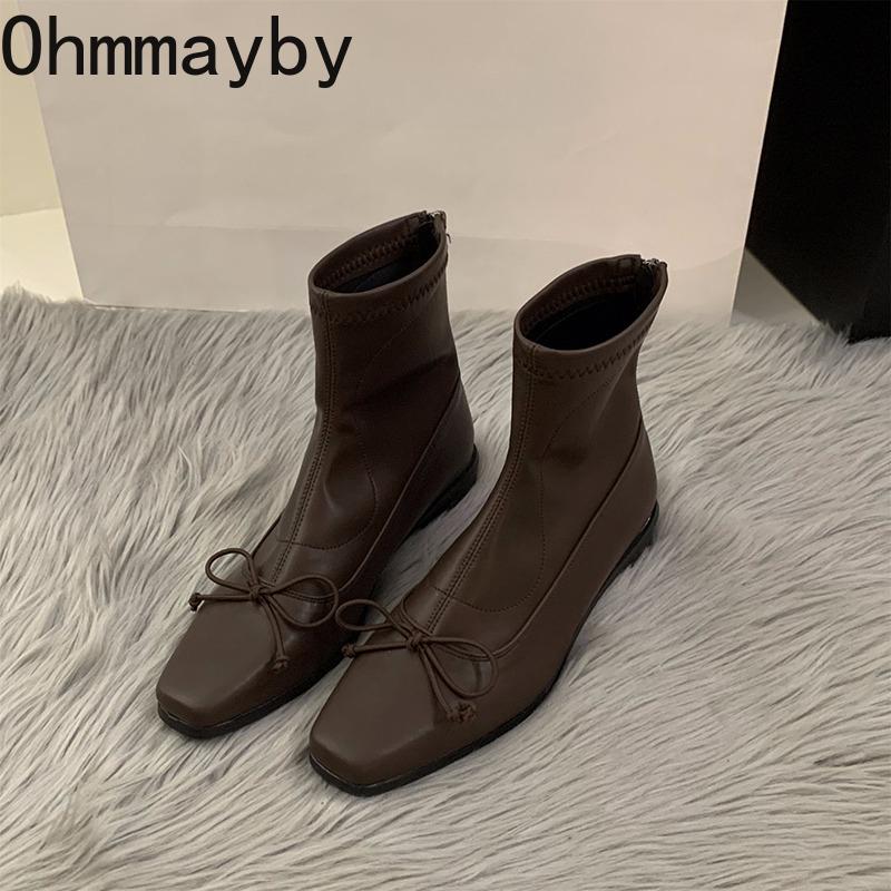 Square Toe Woman Thick Heel Ankle Boots Fashion Butterfly-knot Shoes Autumn Winter Femmes Mordern Short Botines De Mujer