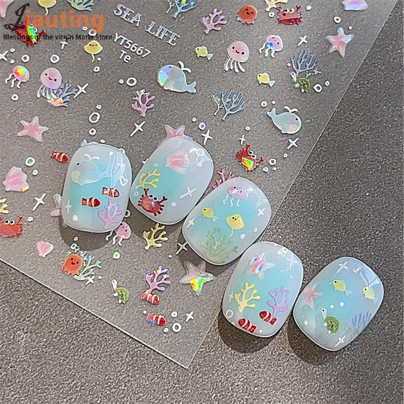 5D Fantasy Beach Summer Dreamy Colorful Starfish Shell Jellyfish Coral Jelly Decals Decoration Nail Art Sticker Manicure Salon