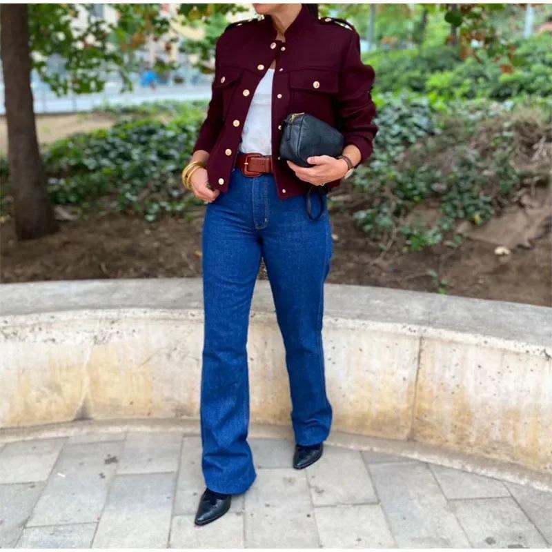 European and American Women's Stylish Double-Breasted Retro Stand-Up Collar Short Jacket