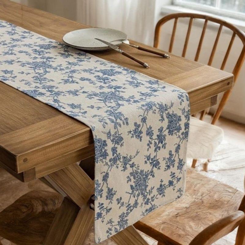 Blue & White Cotton-Linen Table Runner: Long, Striped Design for TV Cabinet or Sideboard - Seasonal Essential