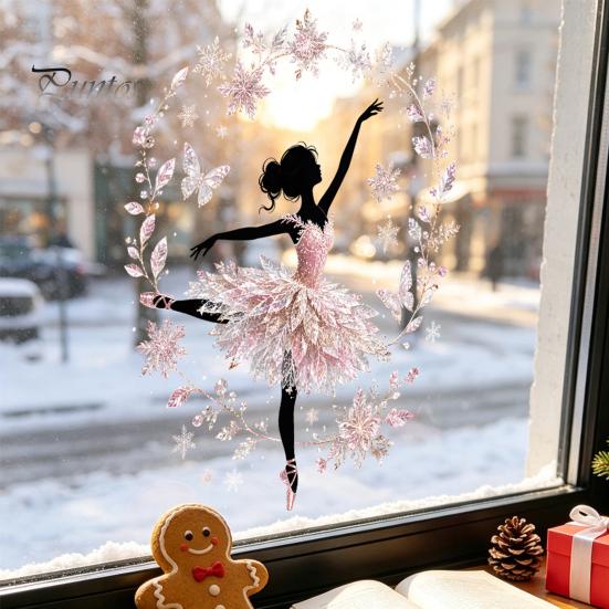 Living Room Glass Decor Christmas Ballet Girl Static Window Clings, Removable Xmas Decals, Winter Indoor Outdoor Art Ballerina Elf Stickers