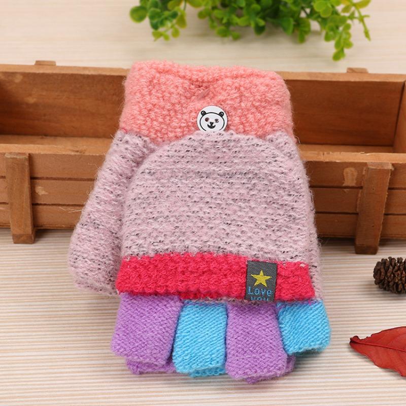 New Children's Thermal Writing Gloves Autumn and Winter Thickened Flip Color Matching Wool Finger Knitted Student Gloves Women