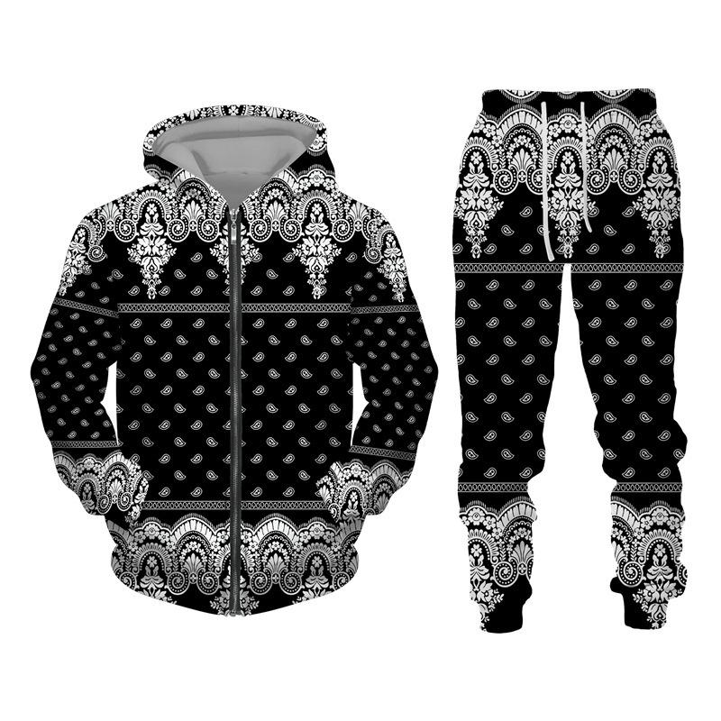 Tracksuit For Men 3D Bandanna Printed Zip Hoodie + Pants Suit Cool Men 2 Pcs Sportwear Casual Hoodies Set Autumn Men's Clothing