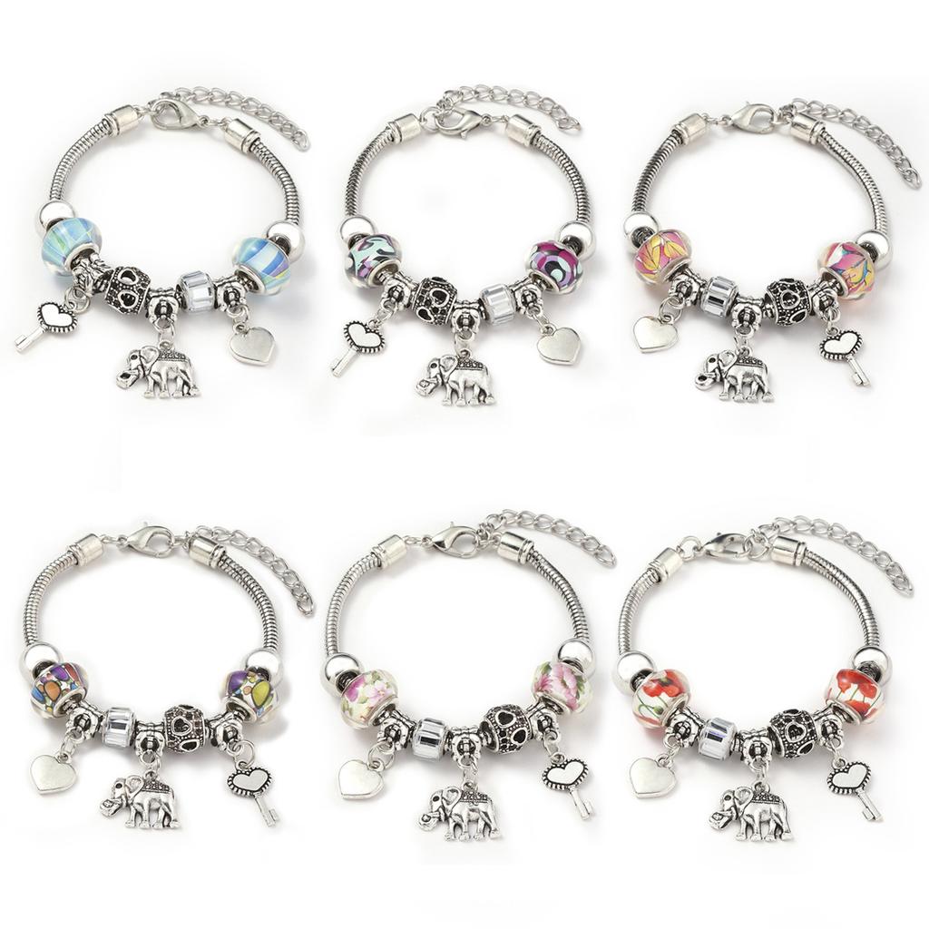 Vintage Handmade Alloy Large Hole Glass Bead Elephant Tree of Life Design Transparent Bracelet Multiple Styles Available
