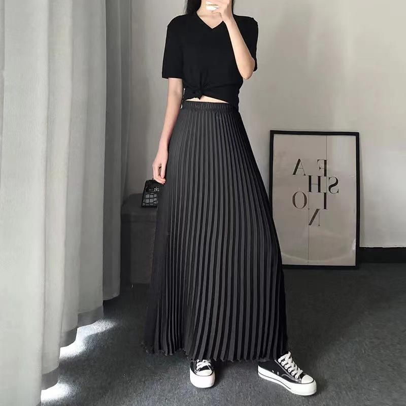 

Женская шифоновая плиссированная миди-юбка с высокой талией - Красная А-силуэта для лета One Size (Skirt Length 100CM)