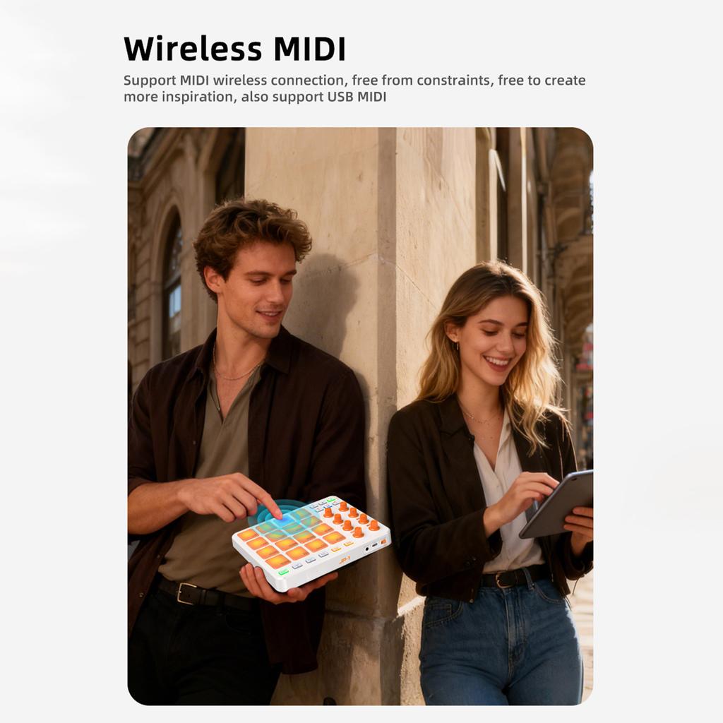 MIDI Controller Wireless MIDI Keyboard Pad 16 RGB Pads 6 Customizable Buttons 8 Knobs Rechargeable PC Mobile App
