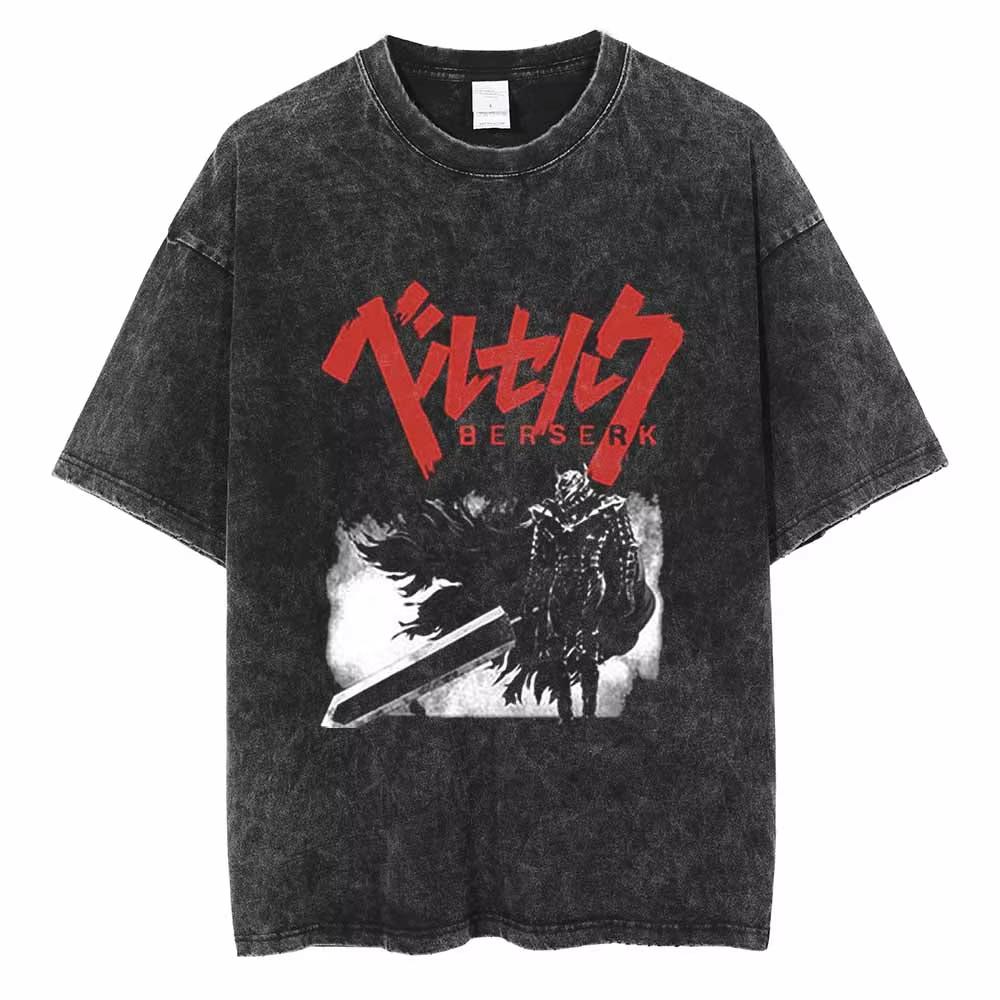 2026 Hot Sale Berserk Manga Tshirt Guts Anime T Shirt for Men Women T-shirt Vintage Washed Cotton Clothing Summer Casual Short Sleeves Tees Loose Tops L