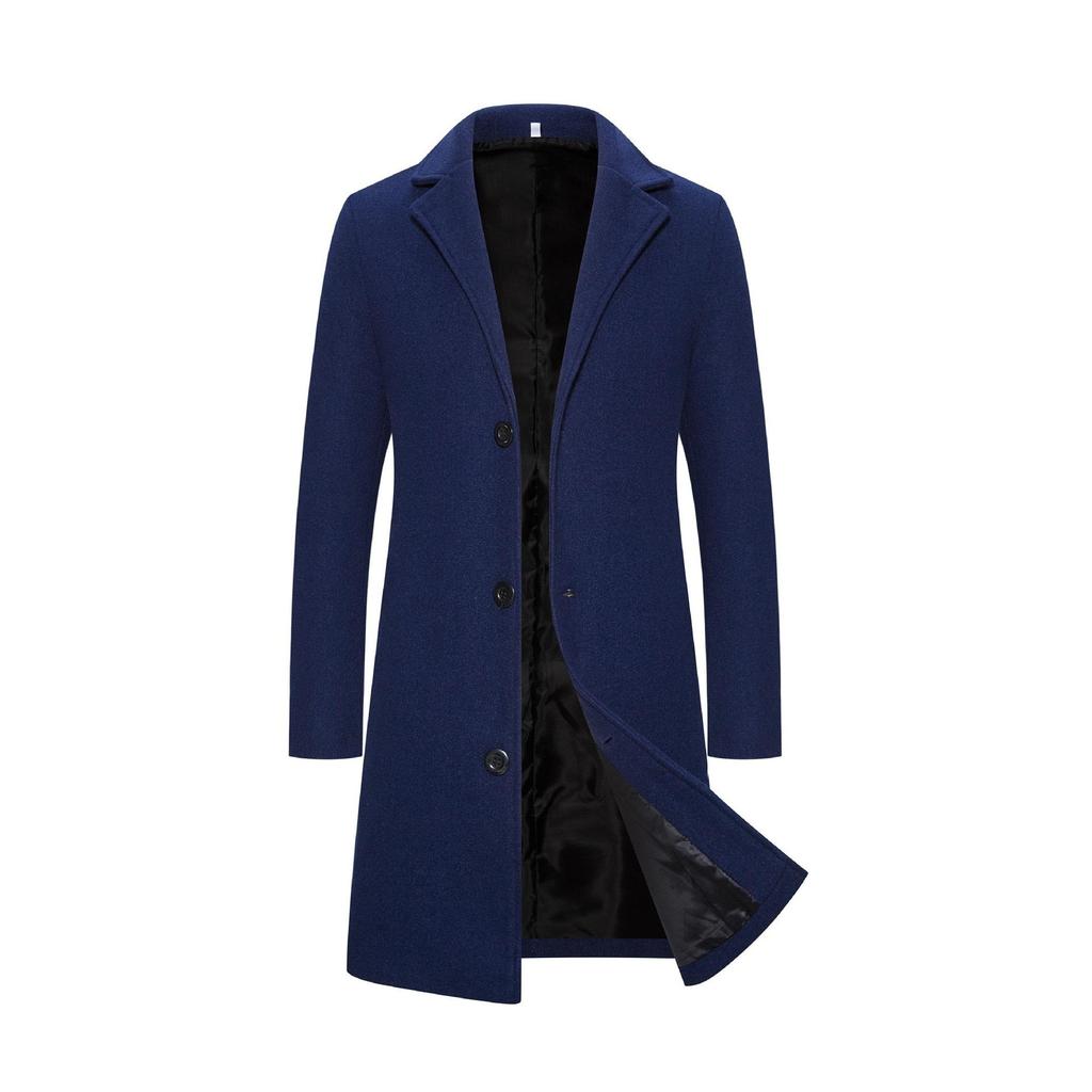 Frühling Herbst Langer Baumwollmantel Wollmischung Reine Farbe Casual Business Fashion Herrenbekleidung Schlanke Windjacke
