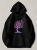 Black Pullover Hoodie with Colorful Butterfly Tree Graphic, Purple Trunk And Vibrant Wings Design, Casual Long Sleeve Sweatshirt F