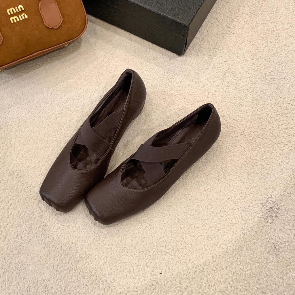 Skórzane retro kwadratowy nosek świński nosek buty na pojedynczej podeszwie damskie miękka skóra płytki dekolt płaska podeszwa krzyż z butami Mary Jane