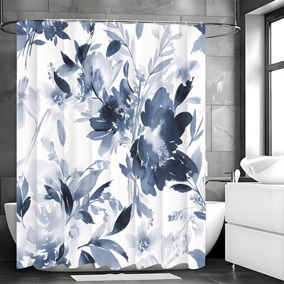 Cortina de Ducha Floral Acuarela Moderna Abstracta Flor Azul Marino, Cortina de Ducha Decorativa para Baño, Cortina de Ducha Impermeable