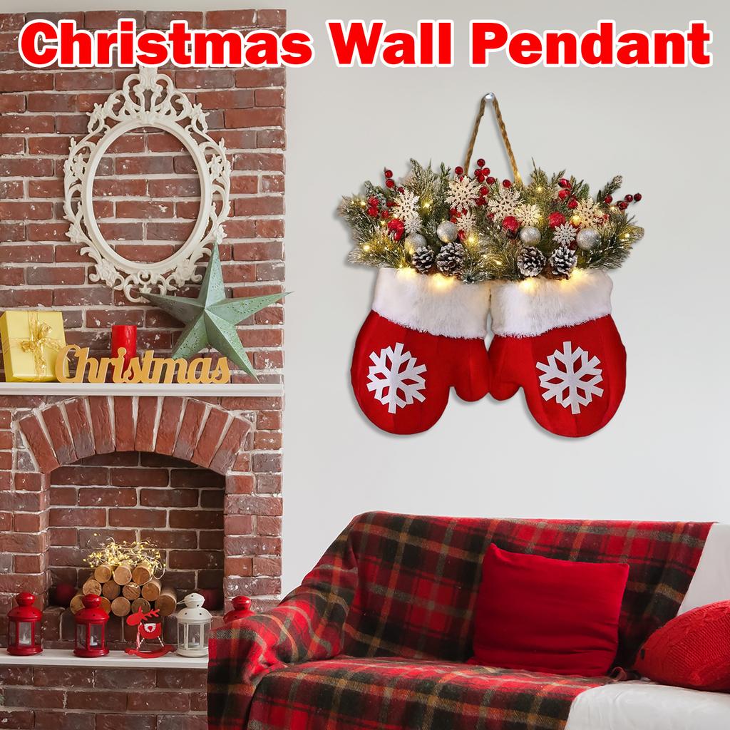 Twinkling Christmas Mitten Wreath, Christmas Lighted Werath Front Door Artificial Garland, Christmass Balls Hanging For Par