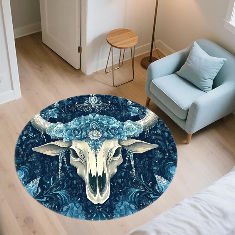 Cow Skull pattern round rug,Carpet Rug for Living Room Bedroom Sofa Playroom Decor,Non-slip Floor Mat,Holiday Gifts and Birthday Gifts