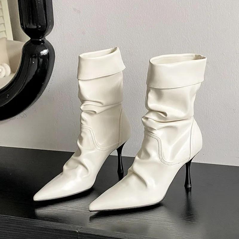 Fashion 2025 Red White Design Sexy Pleated Pointed Toe Zipper Women Ankle Boots Fashion Thin High Heels Stripper Modern Booties Shoes