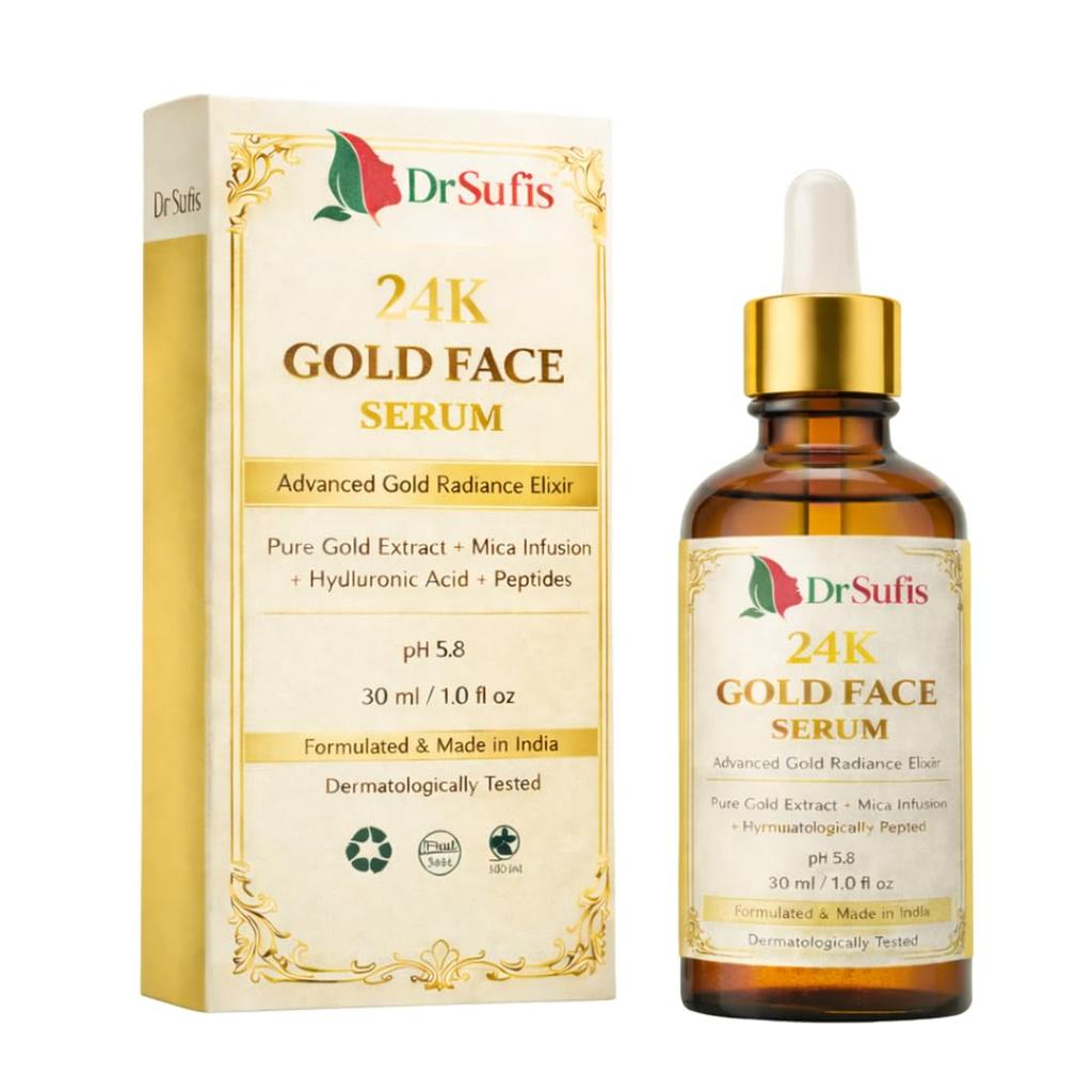 Dr Sufis Advanced 24K Gold Serum - Gold Extract & Mica Infused Formula with Hyaluronic Acid for Deep Hydration, Firmness & Natural Glow (30ml)