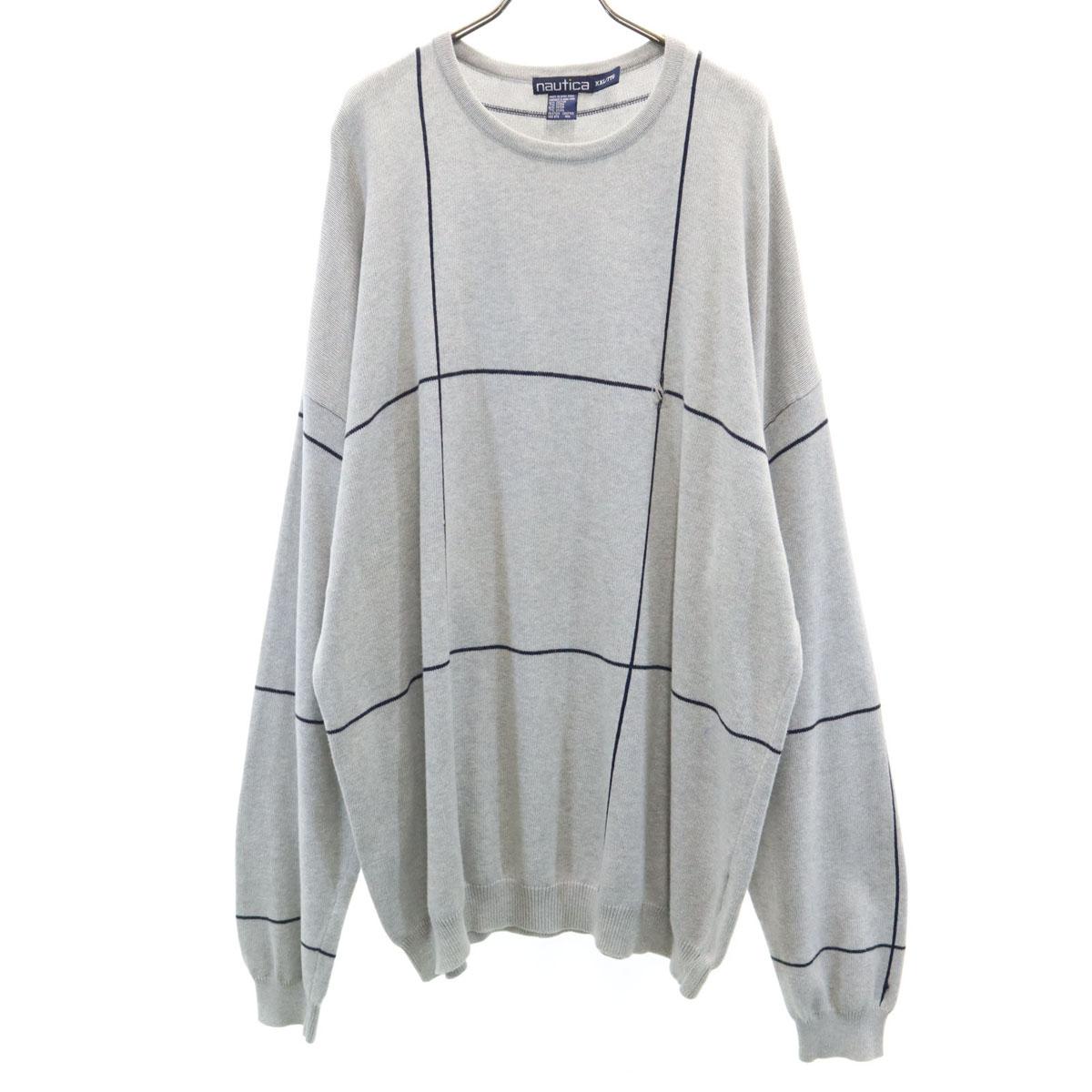 

NAUTICA 90s Old Check Pattern Long sleeve knit XXL gray Sweater Big Size Men s Used
