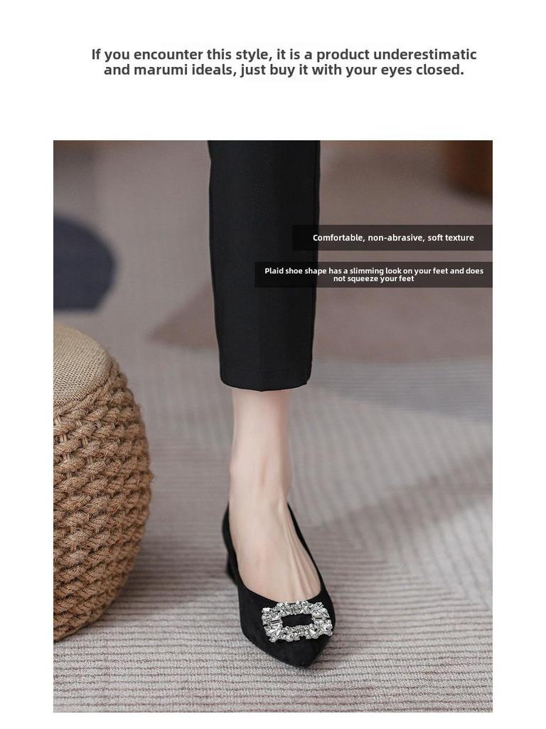 2024 Black Rhinestone Women's Work Shoes - Single, Medium-High Thick Heels, Soft Sole