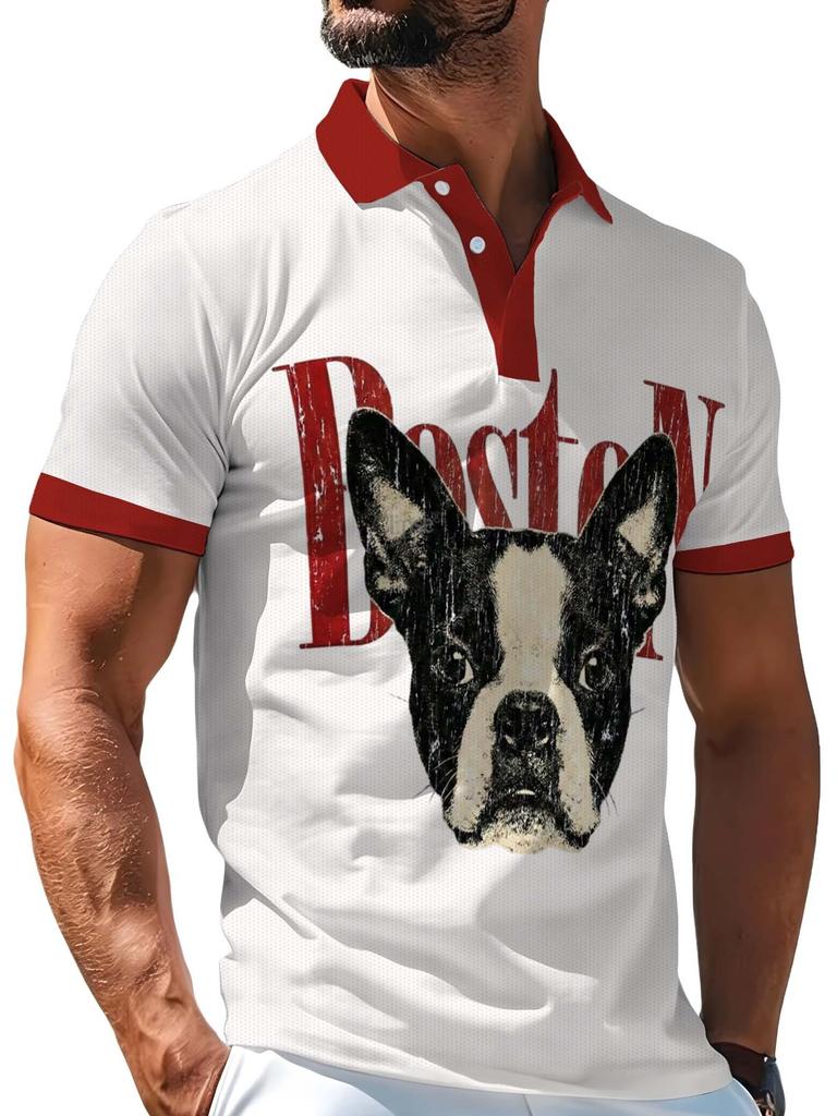 Men's Outdoor Polo Shirt, Available in Multiple Sizes, Features a White Base with Small Dog Print. Stylish and Comfortable, This Men's Top Is Suitable