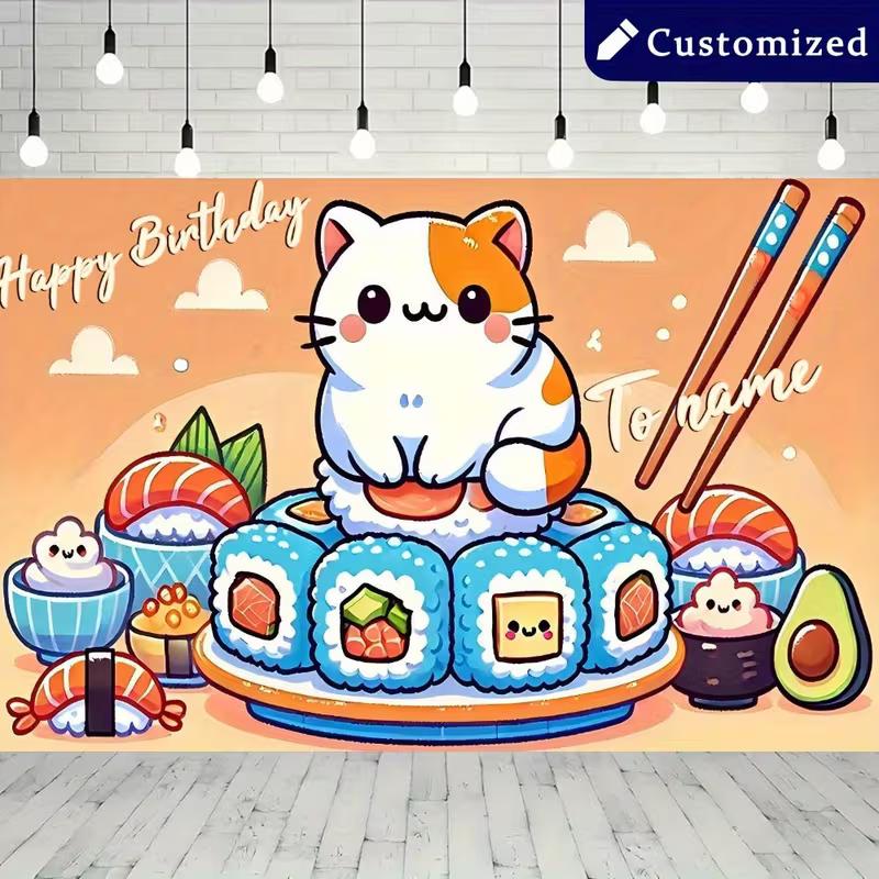 

Sushi Cat Birthday Backdrop, Kawaii Anime Background Cloth, Party Decor 47.2x31.5inch/120*80cm