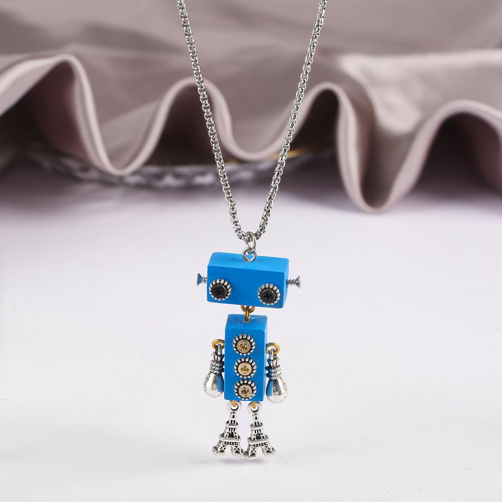 New Creative Wood Robot Pendant Necklace Personality Cartoon Sweater Chain Fashion For Men Women Party Jewelry Gift Wholesale