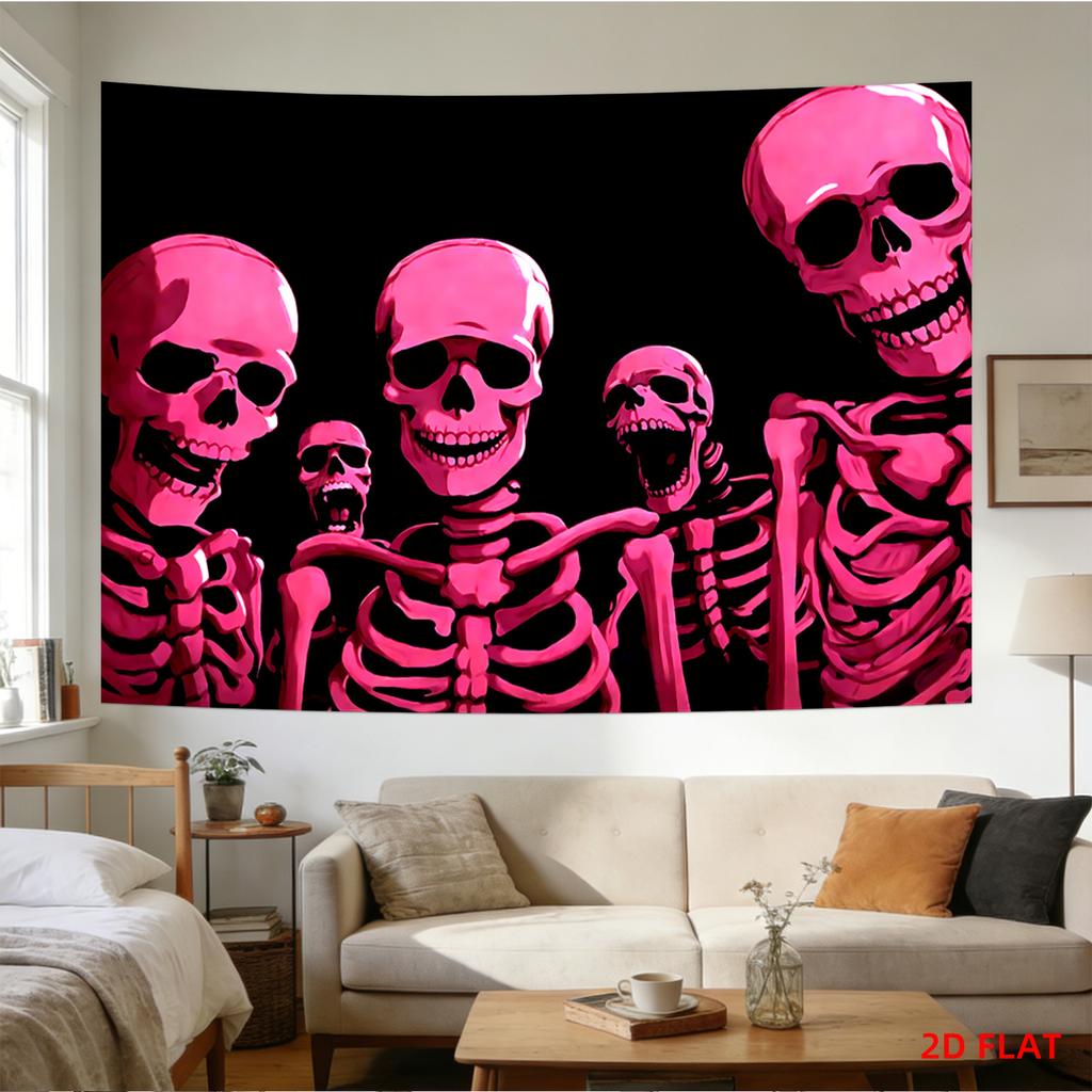 Pink Skeletons Skulls Black Background Art 2D Flat Tapestry Backdrop For Halloween Decor Gothic Wall Hanging Print