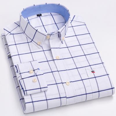 Men's Plaid Checkered Long Sleeve Oxford Woven Shirt Single Patch Pocket 100% Cotton Standard-fit Versatile Casual Shirts