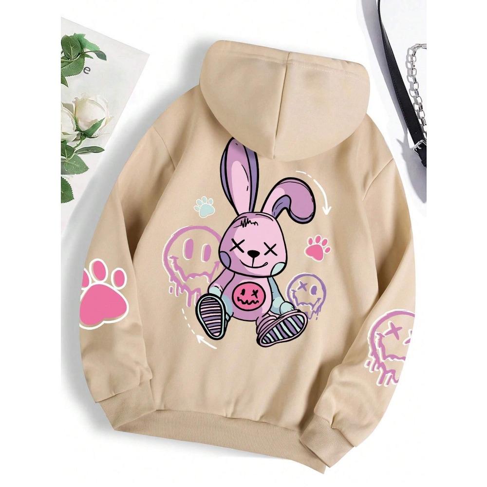 Casual women's hoodie cartoon pink rabbit cute printed pullover autumn clothing
