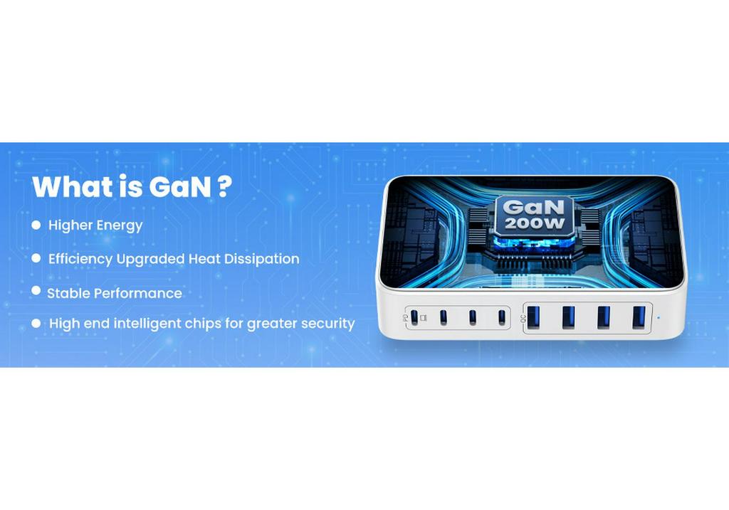 200W High-Power Gallium Nitride Charger for Phones, Tablets, and Laptops - Universal 20V 5A Charging Station