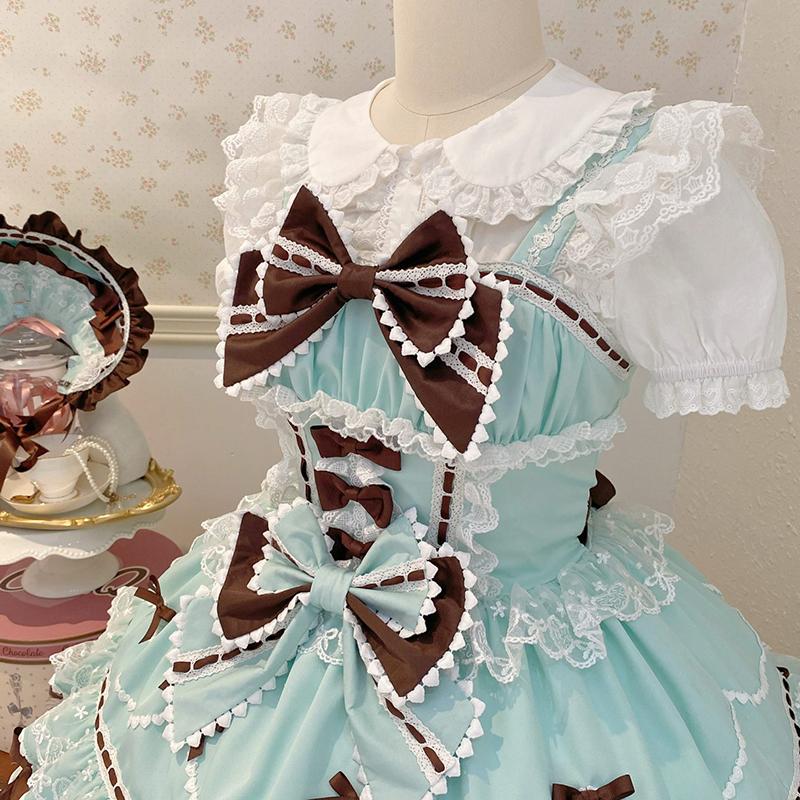 Letní sladké Lolita šaty Roztomilé princeznovské Mašle Krajka Sladké Dlouhé Dortové