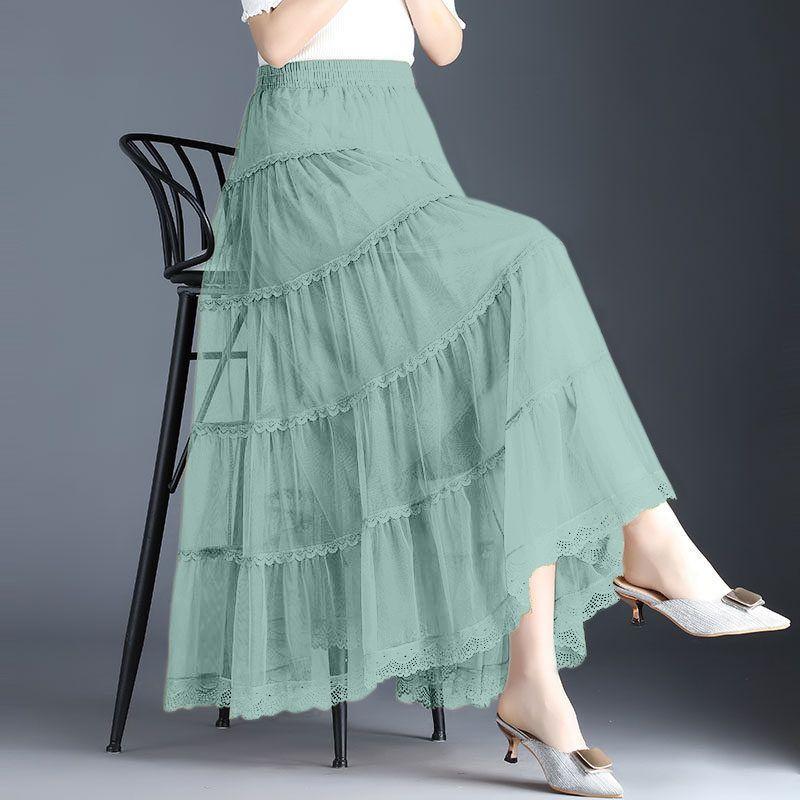 

Women Summer Mesh Lace Patchwork High Waist Elegant Long Skirts Fashion Casual Solid Sweet Chic Fairy Pleated A Line Maxi Skirts 2XL