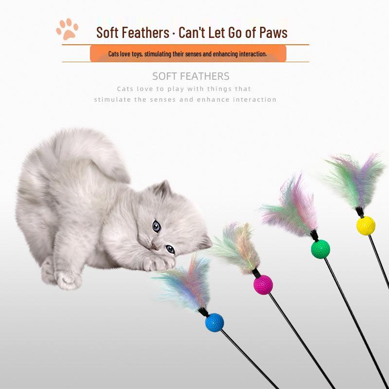Colorful Cat Toys Set: Feather Teaser Stick & Rattle Ball - Durable and Fun