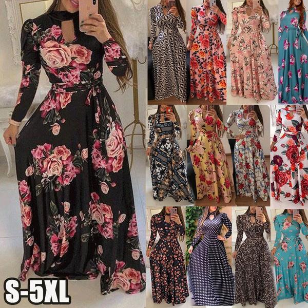 Fashion Women Casual Long Sleeve Dress Maxi Dresses High Waist Flower Dress Party Dress