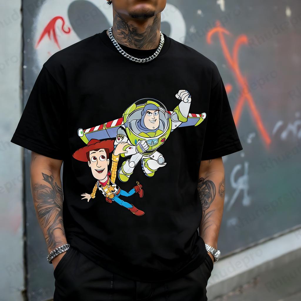 Disneys Trendy and Casual Toy Story Buzz Lightyear and Woody Printed Mens Summer Harajuku Casual Versatile Fashion Round