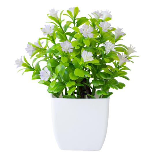 Compact Decorative Plant Artificial Eucalyptus Potted Plant, Lifelike Faux Greenery with Purple/White Flowers & Verdant Leaves, UV-Resistant