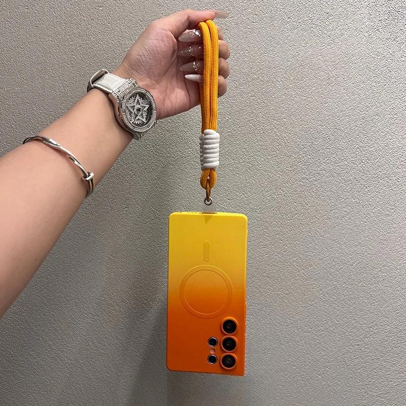 Luxusní pouzdro Magsafe s gradientní barvou pro Samsung Galaxy S25 S24 S23 S22 S21 Ultra S25 Plus Kryt z tekutého silikonu s měkkým řetízkem na ruku