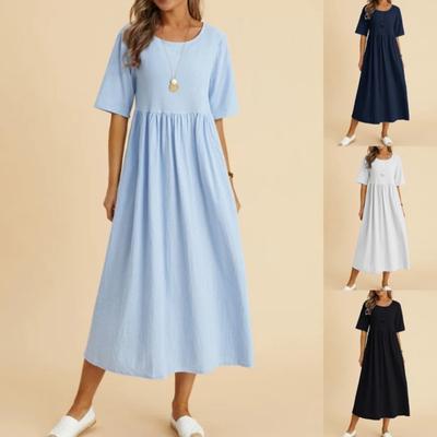 Sommer Damenkleid Plus Locker Baumwolle Leinen Rundhals Fünfviertelärmel Midilänge Kleid