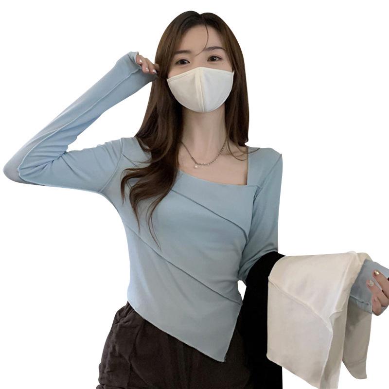 6880# Slim-Fit Spicy Girl Irregular Top - Square Neck Long Sleeve T-shirt for Autumn/Winter