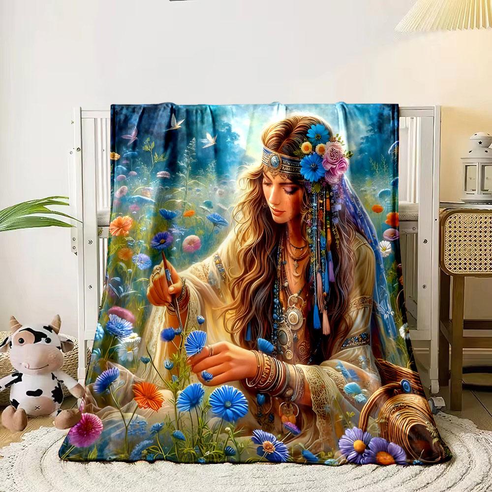 Bohemian Woman in Floral Meadow print blanket soft and cozy perfect for the living room bed sofa or a nap,gift