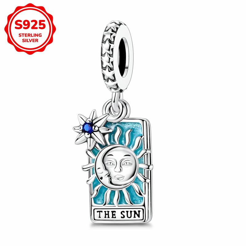 

925 Silver Tarot Card Wheel of Fortune Stars and Moon Pendant beads Fits 3mm Bracelet , DIY Birthday Jewelry Gift