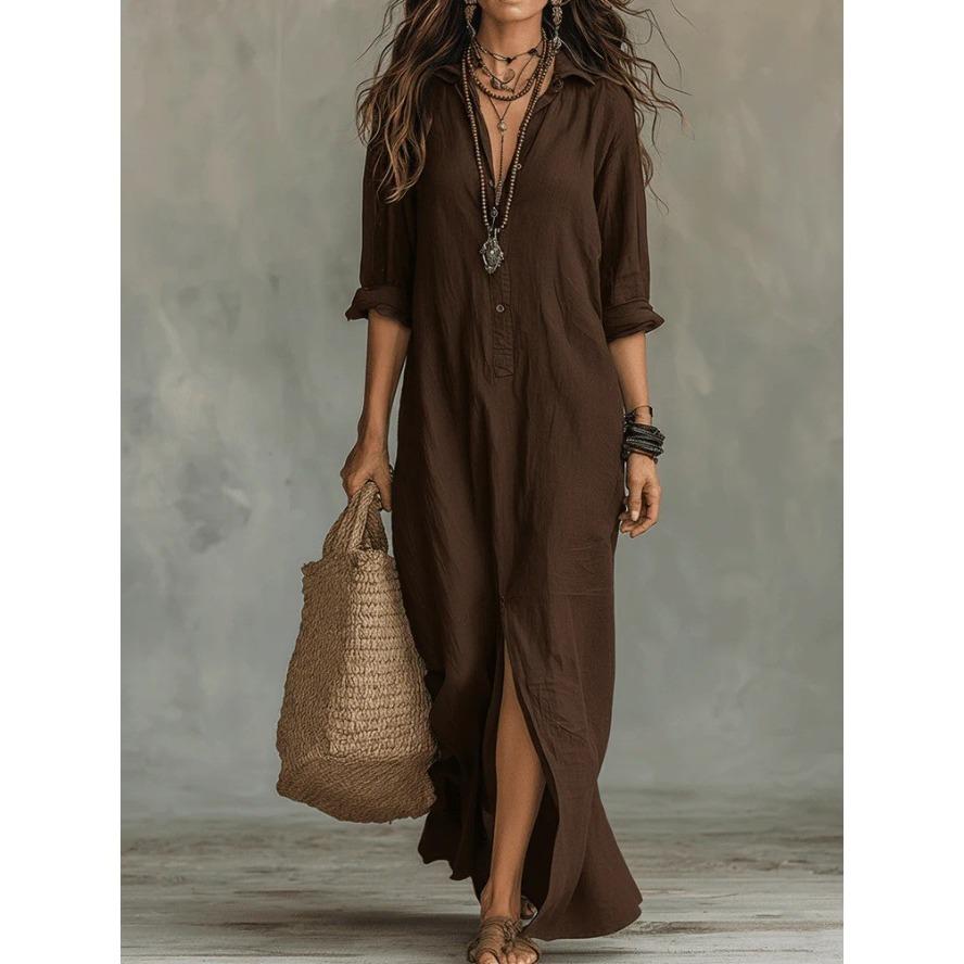 VEZFAA Vestidos casuales de cintura holgada con cuello tipo polo y manga larga con estampado de colores sólidos a la moda para mujer para primavera y otoño