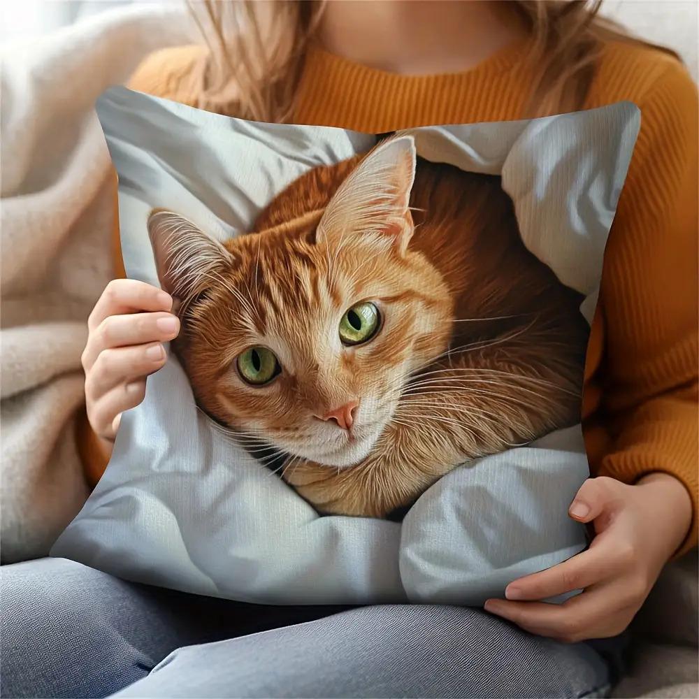 Realistic Orange Tabby Cat Pillow Case Lifelike Pet Print Cushion Cover Cozy Home Decor for Sofa Bedroom Living Room Cat Lover