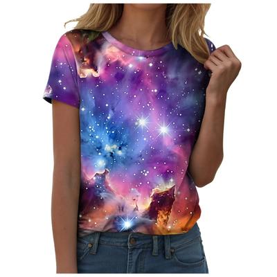 Sommeroberteile für Damen Lässiges Galaxie-Shirt Damen Galaxie-Print T-Shirts Glitzer-Shirts Bluse Modisches Sternenklares Einfarbiges Shirt