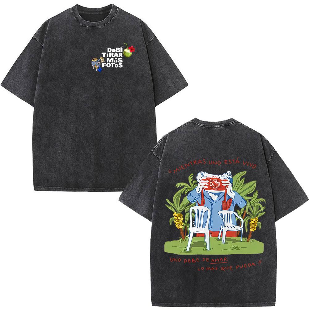 Rapper Bad Bunny Face Vintage Washed Tshirt Debi Tirar Mas Fotos DTMF World Tour  T Shirts Mens Fashion Hip Hop Tshirts