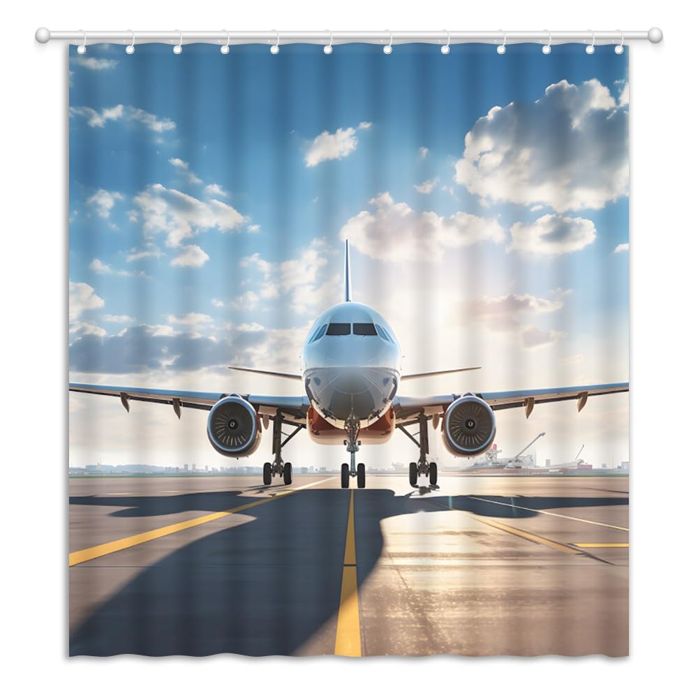 Flugzeug Duschvorhang Flughafen Flugzeug Fliegend Luftwaffe Landebahn Modernes Militär Thema Badezimmer Dekor Polyester Vorhang Mit Haken