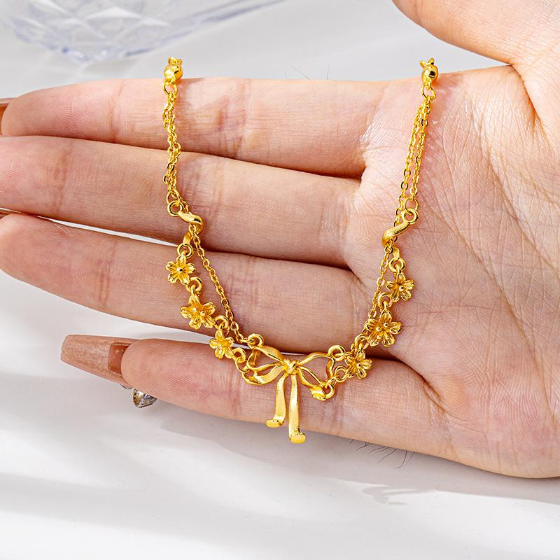 Light Luxury Style Flowery Bow Necklace Cross-border Vietnamese Sand Gold Clavicle Necklace Women's Trendy Necklace