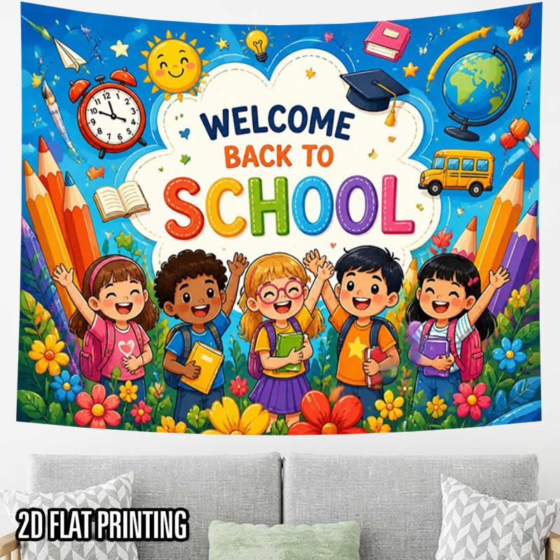 2D Flat, 1pc Oversized Horizontal Kids Wall Tapestry - Suitable for Classroom,, Decor - Horizontal Back to School Hanging Panel with Flat Print, Polye