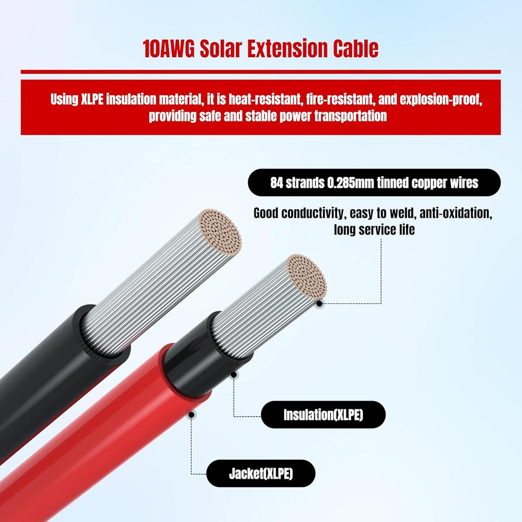 20Ft 10AWG Solar Panel Extension Cable, 10 AWG Solar Extension Cable 10 Gauge 20 Feet Solar Wire with Solar Panel Female Male Waterproof Connectors