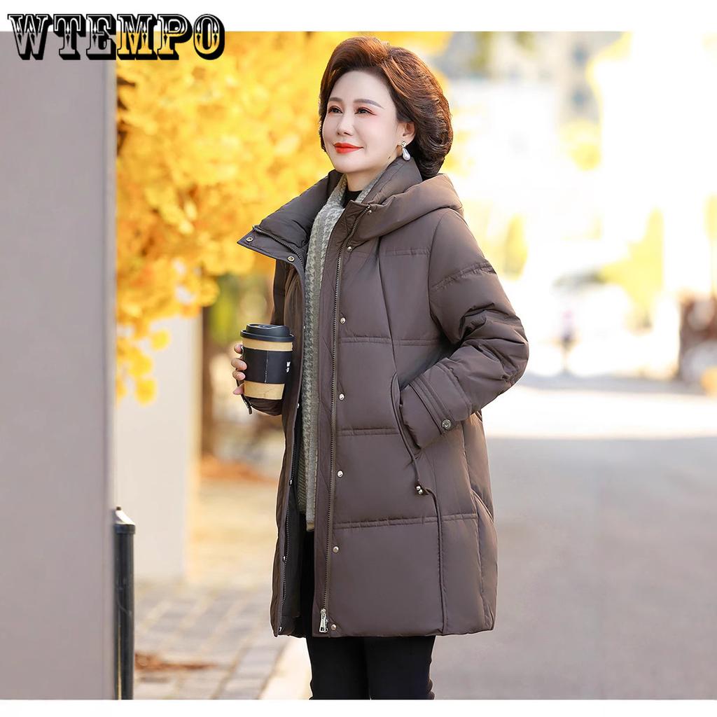 Women's Down Jacket Winter Mid To Long Style Mom Hooded Thick Warm White Duck Down Jacket
