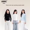 Annil Girls' Mesh Splice Semi-High Collar Long Sleeve T-Shirt